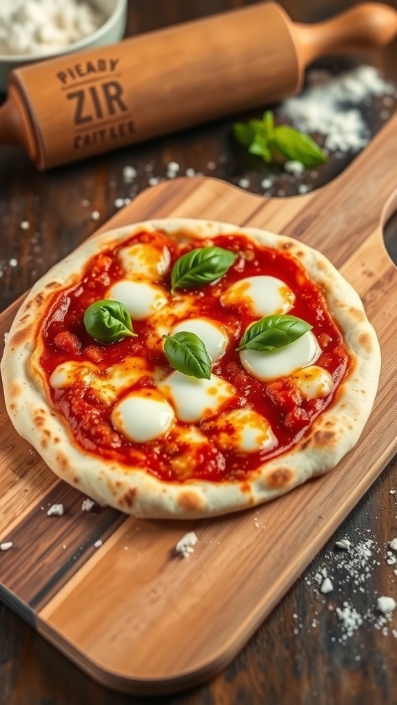 A golden brown thin crust pizza topped with tomato sauce, mozzarella cheese, and basil on a wooden peel.